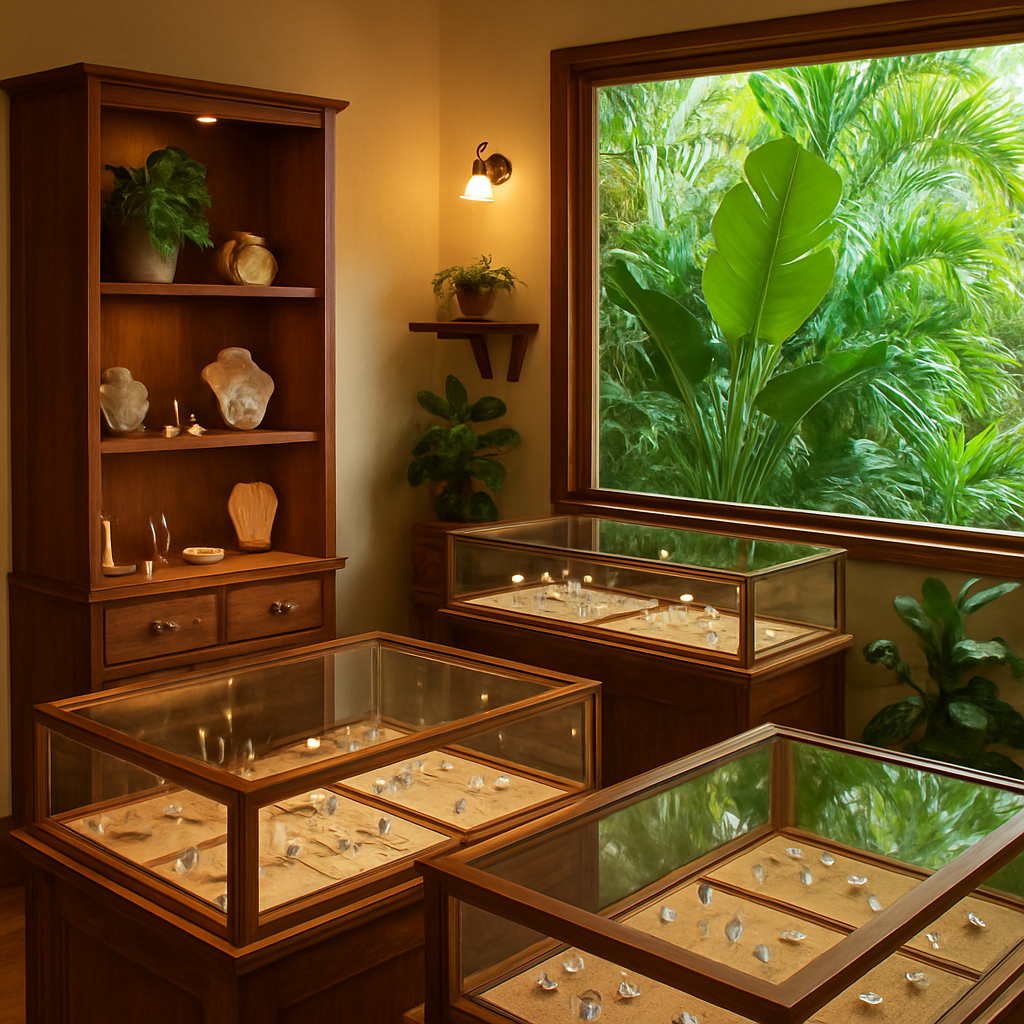 Inside L'Dream jewellery boutique on Macrossan Street, Port Douglas — glass display cases with handcrafted silver jewellery