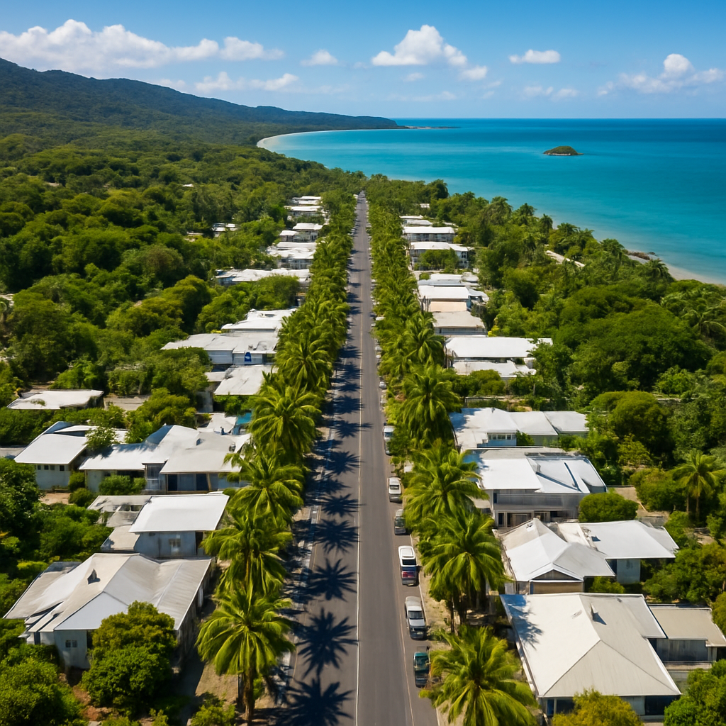 Aerial view of Port Douglas — Macrossan Street with tropical palms and the Coral Sea