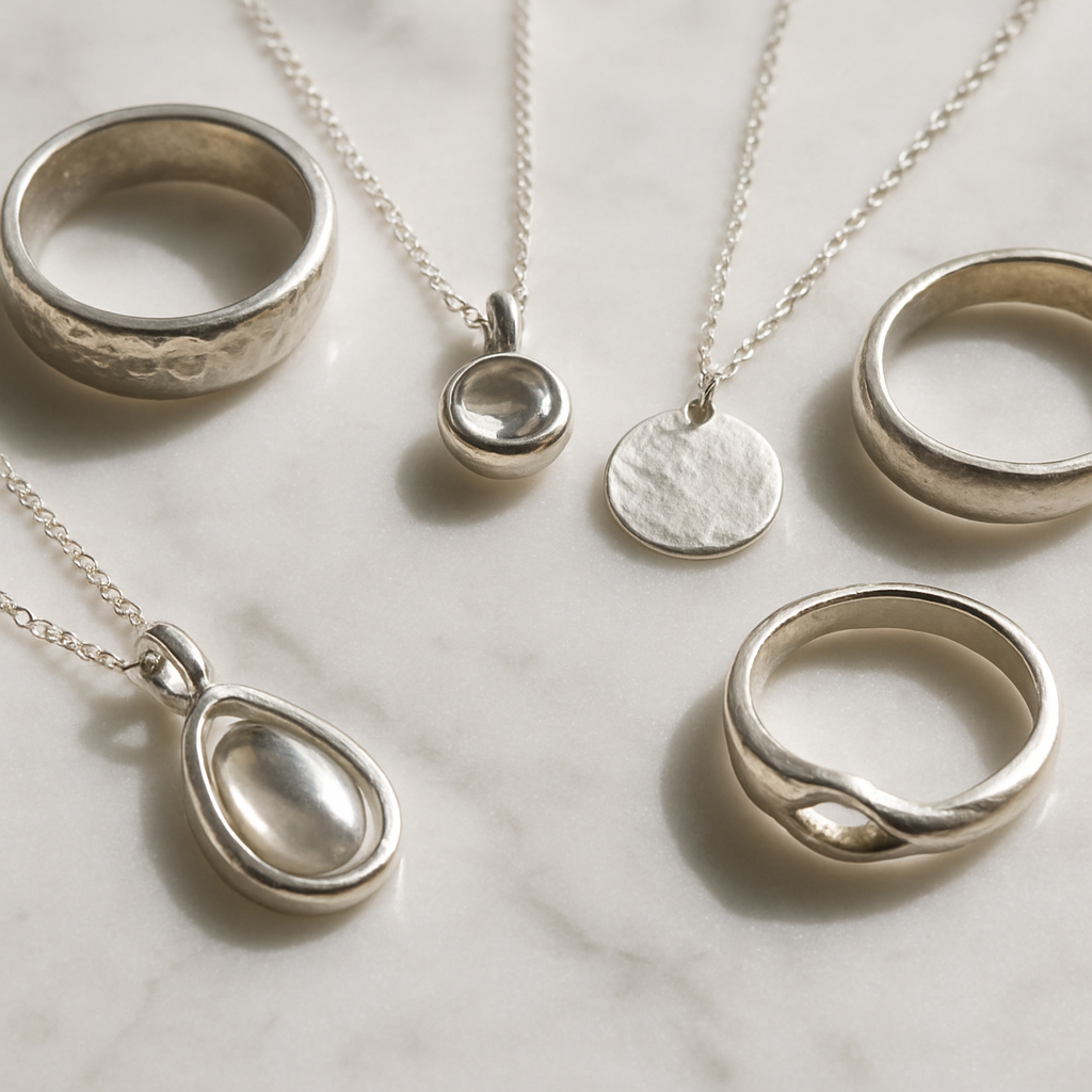 Collection of handcrafted sterling silver rings, pendants and necklaces on white marble