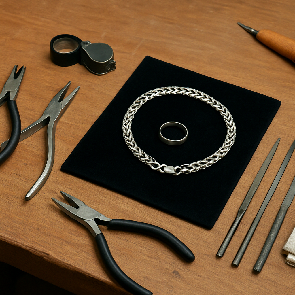 Jeweller's workbench with fine tools, silver ring and bracelet ready for repair