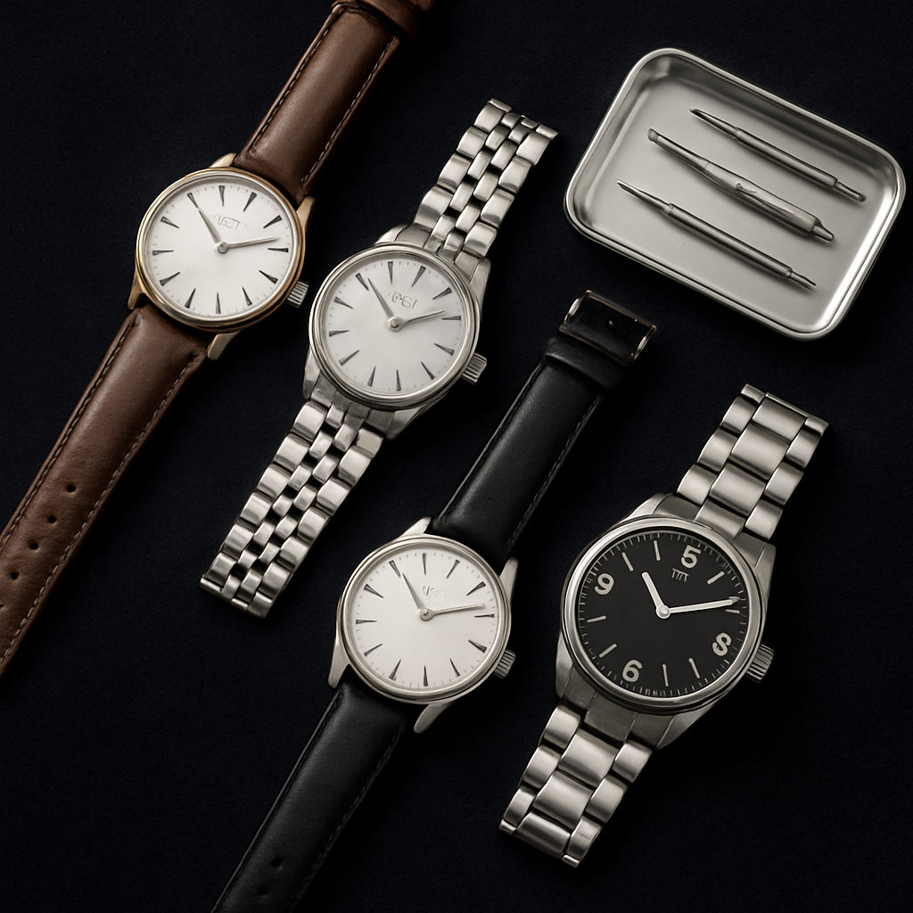 Collection of elegant wristwatches with leather and metal bands on dark velvet
